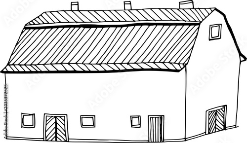 Bild auf Leinwand Long horizontal agricultural wooden barn warehouse building structure lineart sk