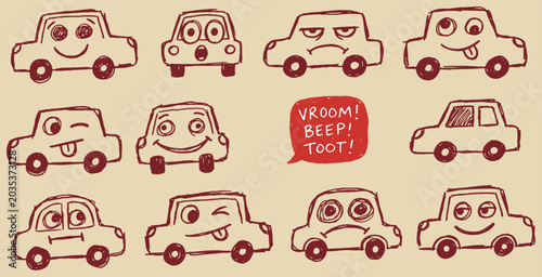 Fotografie A collection of hand-drawn cartoon cars with various funny facial expressions and emotions, set against a textured background