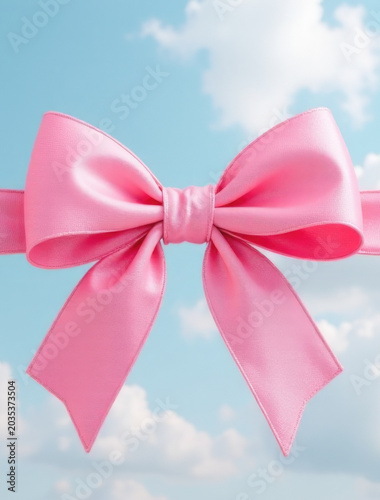 A pink bow tied to a ribbon hanging against a bright blue sky with clouds