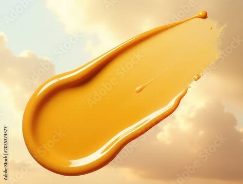 A yellow liquid floats in the air on a cloudy day, providing a unique visual effect