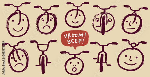 Cuadro en lienzo Collection of hand-drawn bicycle faces with various emotions and a speech bubble saying Vroom Beep