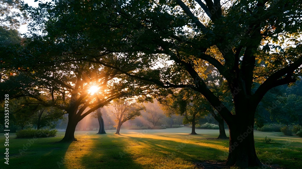 Fototapeta premium Trees cast long shadows across an open grassy field bathed in warm golden hour sunlight