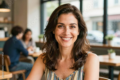 Radiant diverse woman with wavy dark brown hair smiling at camera in a bright cozy coffee shop interior