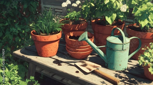 Various terracotta pots, a small hand shovel, and a watering can on a wooden table. Anime or cartoon illustration style. Side view