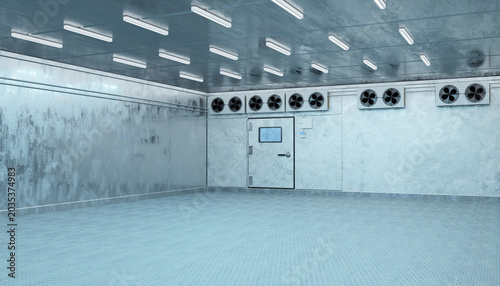 Cold storage, industrial freezer room with refrigeration fans, insulated door and empty chilled warehouse interior, 3D image