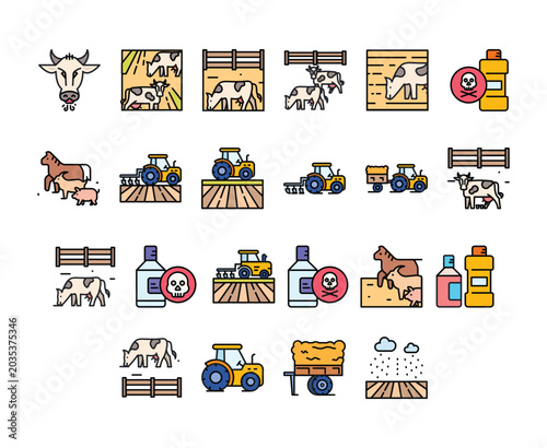 Agriculture and Livestock Flat Icon Set – Farming, Cattle and Organic Farm Collection