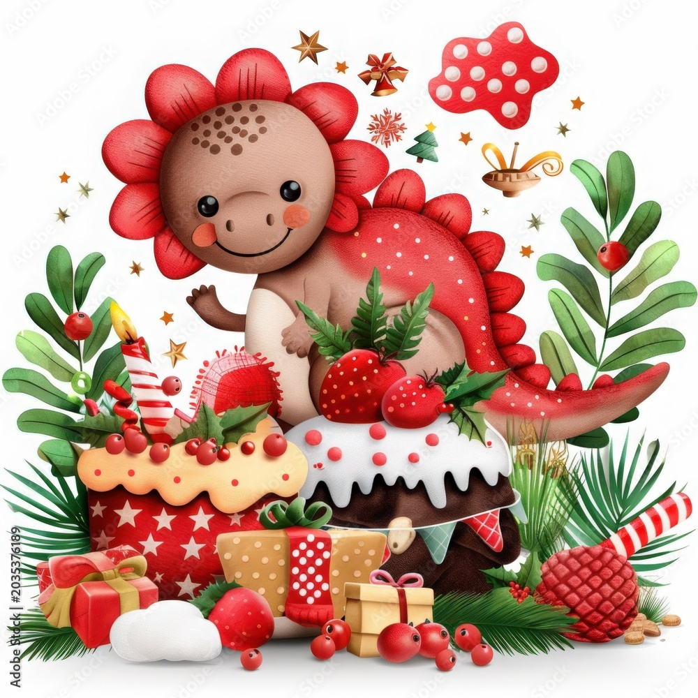 Fototapeta premium Adorable Dinosaur Character Surrounded by Festive Decorations and Treats