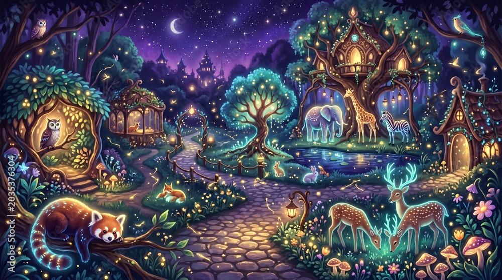 Fototapeta premium Enchanted Zoo Night Fantasy Digital Painting Bioluminescent Animals Fireflies Stars Indigo Sky Dreamy