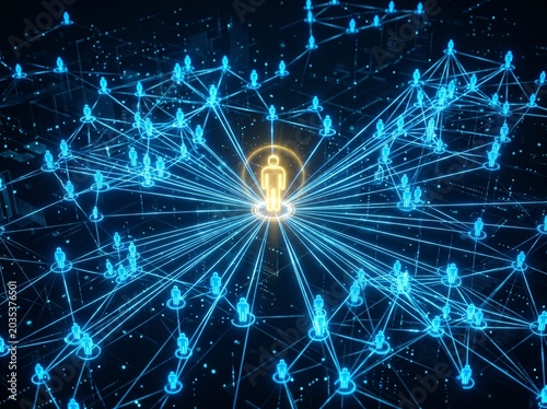 Glowing Digital Network of Human Icons Connected by Blue Lines
