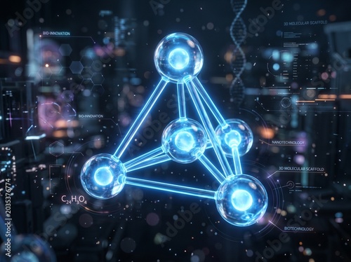 3D Molecular Structure with Blue Glass Atoms and Digital HUD Interface