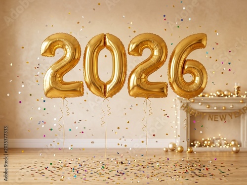 Golden Metallic Number 2026 Balloons in New Year Celebration
