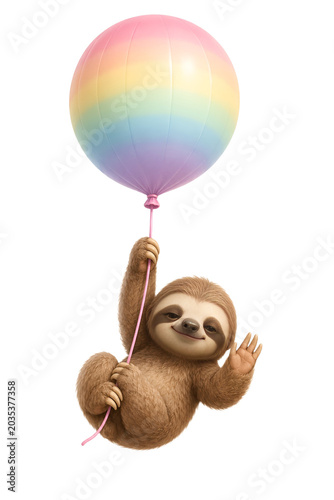 Cute Sloth Holding Balloon Isolated on Transparent Background