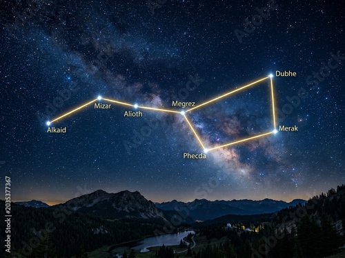 Night Sky Showing Big Dipper Constellation with Stars Labeled