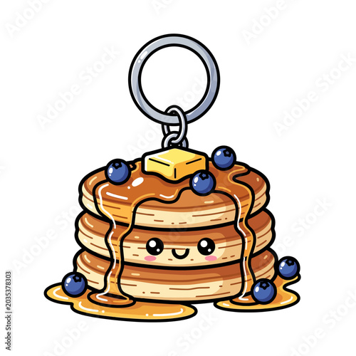 Cartoon pancake keychain illustration, a sweet breakfast stack with golden syrup, fresh blueberries, butter, and a happy face on white