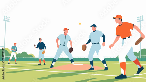 Baseball game scene with players on a sunny field, flat vector illustration