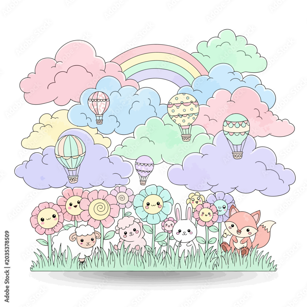Fototapeta premium Charming pastel illustration of a fantasy meadow with cute animals, flying hot air balloons, and a rainbow under fluffy clouds