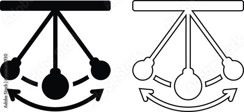 Obraz na płótnie Swinging pendulum vector icon set featuring solid black silhouette and line outline graphics with motion arrows for physics science education, time concepts, and momentum balance design