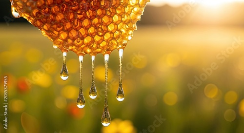 Golden Honeycomb Dripping Sweet Nectar in a Sunlit Field.