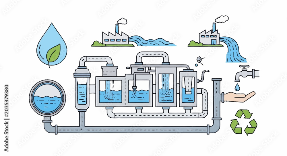 Naklejka premium Water Treatment Process Diagram Illustration.