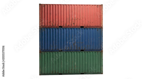 Stack of three colorful shipping containers a red, blue, and green for logistics.