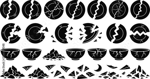 Broken Ceramic Plate and Bowl Silhouette Icon Set with Cracked Dishes Ceramic Shards Debris Piles and Destroyed Pottery for Graphic Design Elements
