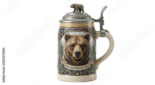 PNG cut out isolated background. A highly detailed digital illustration of a traditional German ceramic beer stein filled with beer. decorated with oak leaves, acorns, and a brown bear. 