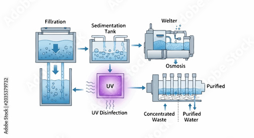 Schilderij op canvas Water Treatment Process Diagram Illustration.