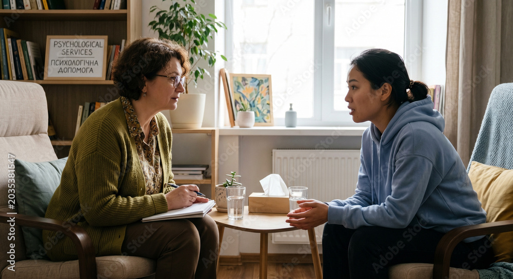 Fototapeta premium Healing conversations in a calm therapy room during sunny afternoon
