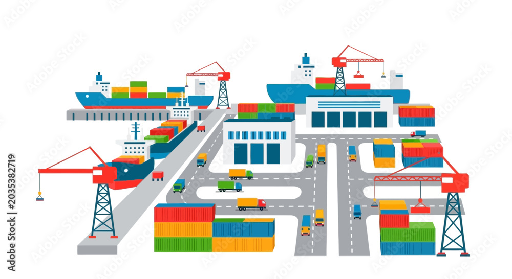 Fototapeta premium Busy shipping port with container ships, cranes, trucks, and cargo.