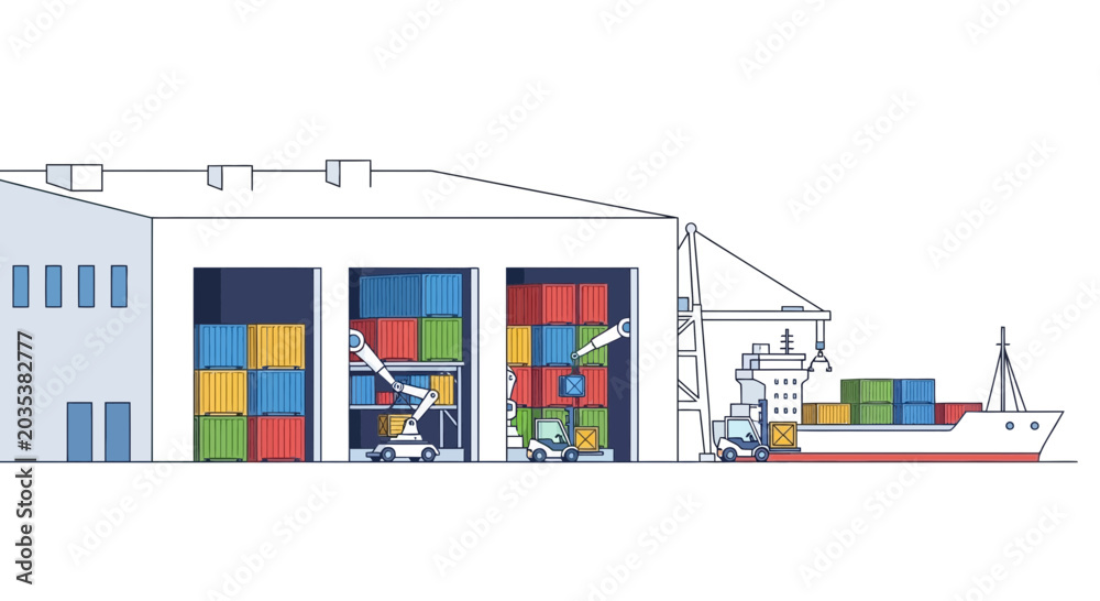Fototapeta premium Shipping Port Dockside Warehouse with Cargo Ship and Containers