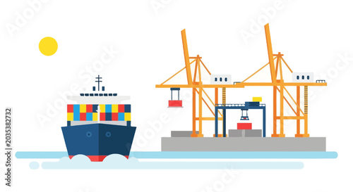 Bild auf Leinwand Container Ship Arriving at Port with Cranes and Cargo