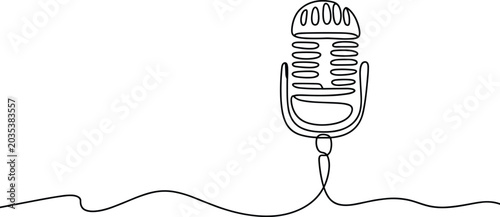 Elegant continuous one line drawing of a retro microphone for creative podcasting under bright studio lighting setups.