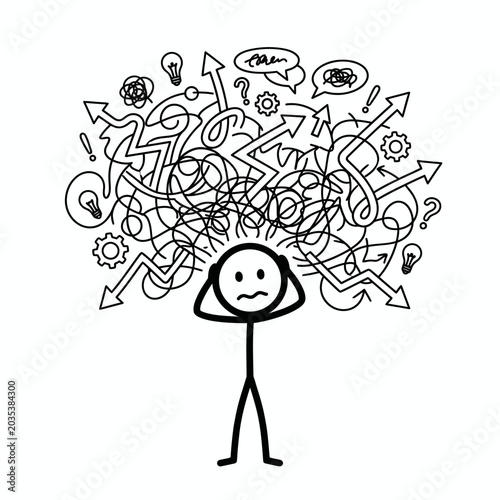 Fotografie Stick figure overwhelmed by chaotic thoughts.