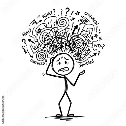 Tableau sur toile Confused person with chaotic thoughts and questions.