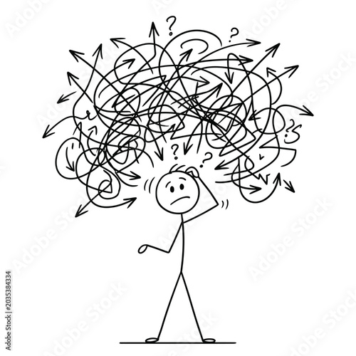 Foto Stick figure overwhelmed by confusing thoughts.