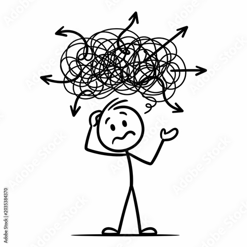 Foto Stick figure with confused expression and chaotic thoughts.