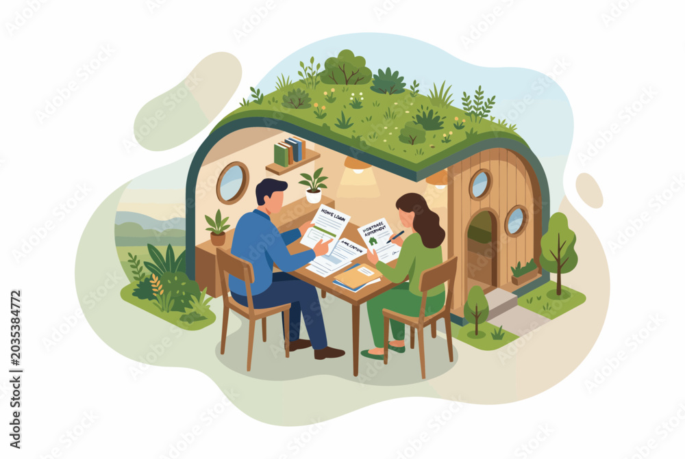 Fototapeta premium Couple Planning Home Loan and Mortgage in Modern Eco House Workspace
