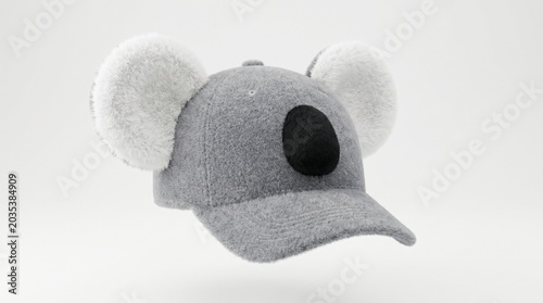 Cute koalathemed baseball cap with fuzzy ears isolated on white background