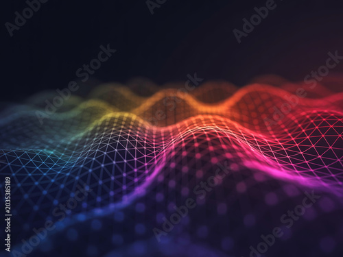 Photos Abstract wavy grid in vibrant rainbow colors representing data flow and technology