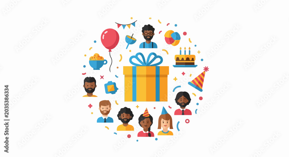 Naklejka premium Colorful Birthday Celebration Vector Illustration with Diverse People Avatars, Gift Box, Cake, and Party Icons on White Background