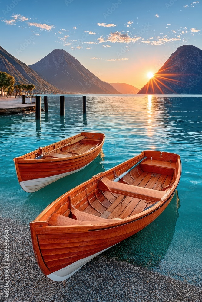Obraz premium Two wooden rowboats moored on a tranquil mountain lake at sunrise with distant peaks