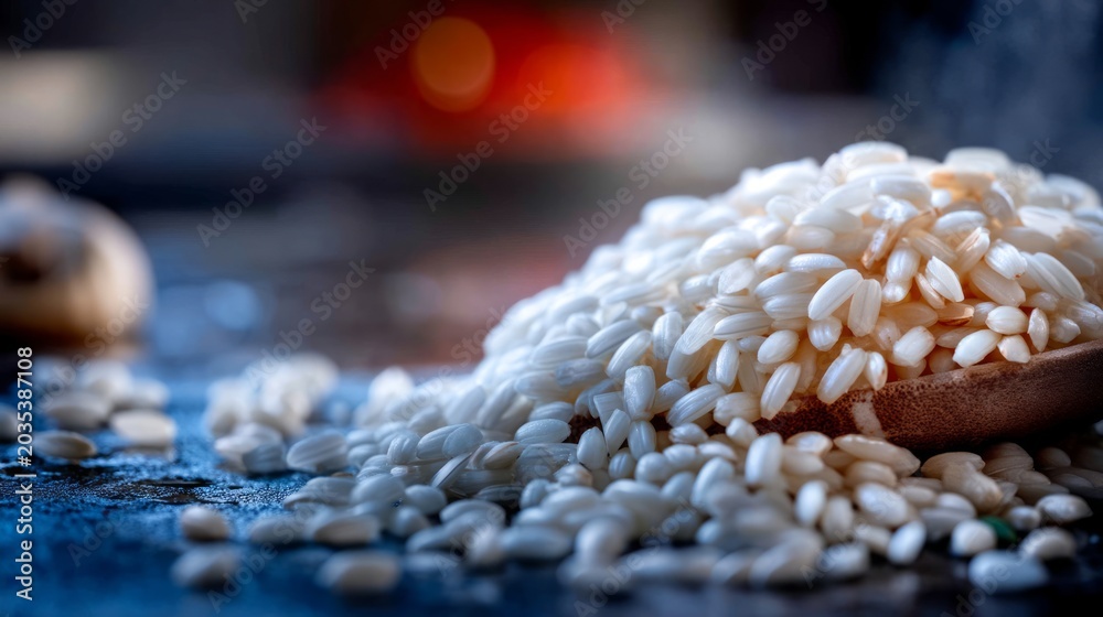 Obraz premium Creamy Risotto Rice Texture Close-Up on Wooden Spoon with Sprinkled Grains and Soft Background Bokeh Effect