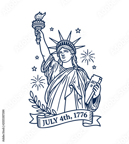 Patriotic Statue of Liberty line art with fireworks and Independence Day elements. Elegant American celebration illustration.