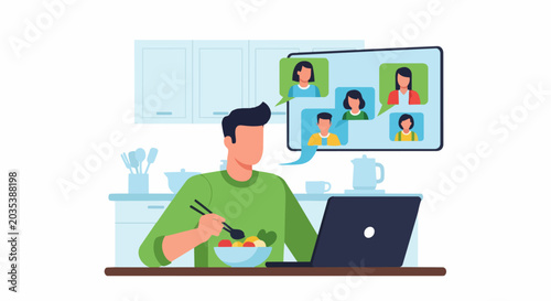 Man Having a Virtual Meeting or Lunch Break with Colleagues on Laptop in Kitchen, Remote Work Concept, Vector Illustration