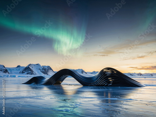 Futuristic Curved Architecture Under Aurora on Icy Plain