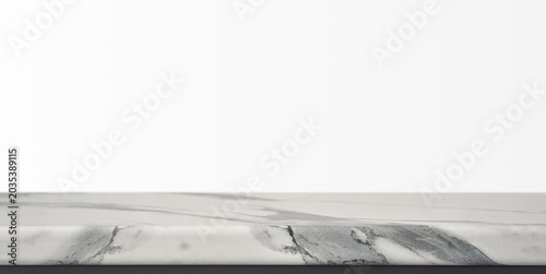 White marble countertop isolated on light background with copy space for product display, advertising or modern design mockup.