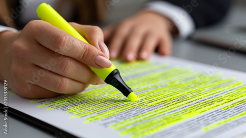 A person highlighting important information on a document with a yellow marker in hand