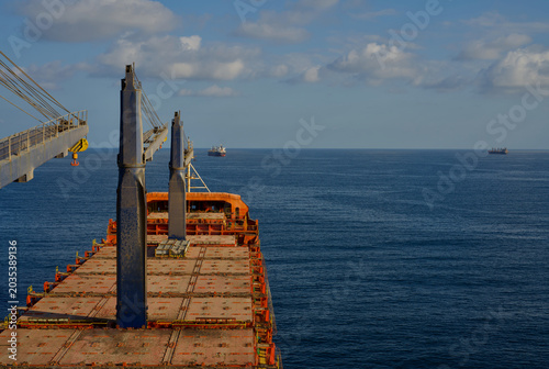 An empty container ship at anchor