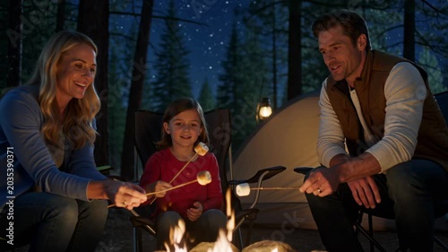 Happy family roasting marshmallows by campfire at night 4K Video