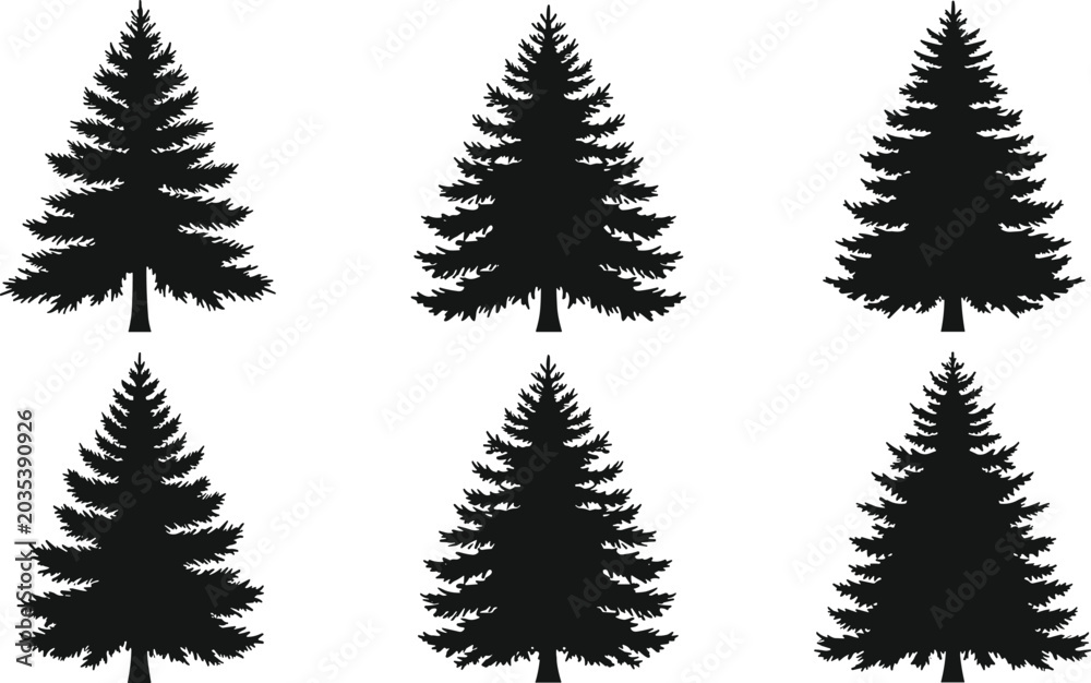 Obraz premium Set of stylized evergreen pine tree silhouettes arranged in rows for forest, nature, and landscape vector illustration projects